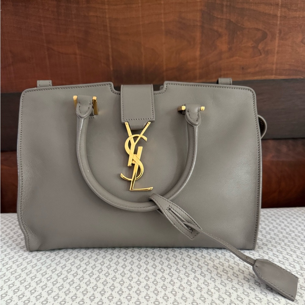 Saint Laurent baby cabas, in gray with gold hardware.
